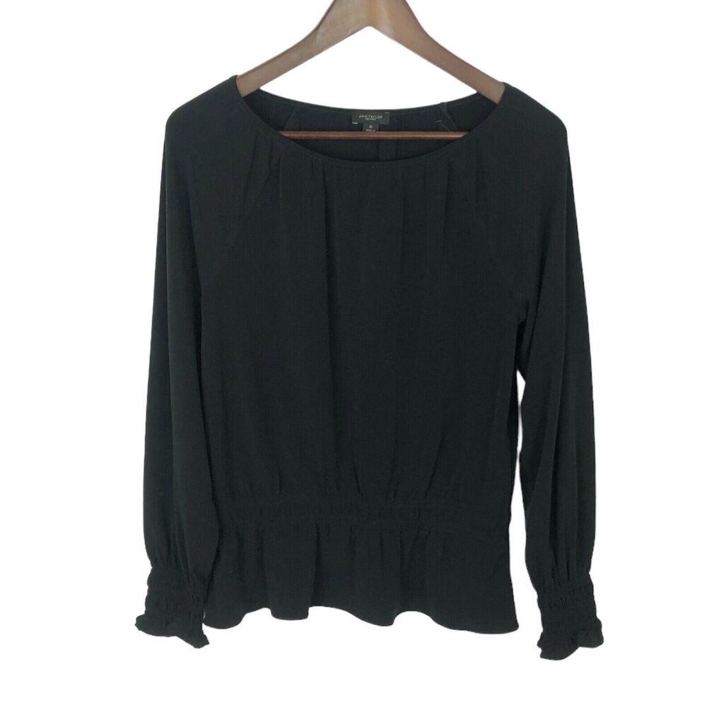 Ann Taylor Black Ruched Sleeve Hem Shirt Top Women's Size XS